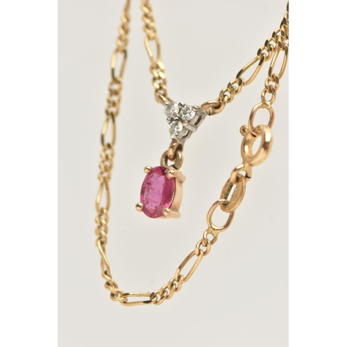 64 - A 9CT GOLD RUBY AND DIAMOND PENDANT NECKLACE, designed with a claw set, oval cut ruby, suspended ben... 