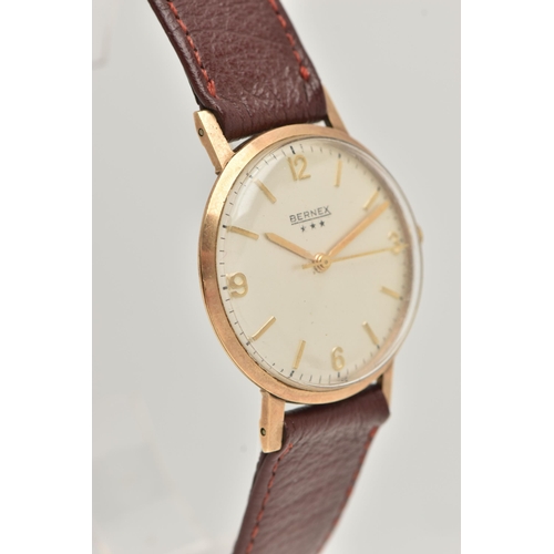 66 - A GENTS 9CT GOLD 'BERNEX' WRISTWATCH, manual wind, round silver dial signed 'Bernex', Arabic twelve,... 