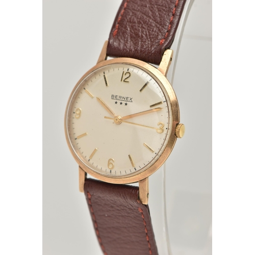 66 - A GENTS 9CT GOLD 'BERNEX' WRISTWATCH, manual wind, round silver dial signed 'Bernex', Arabic twelve,... 