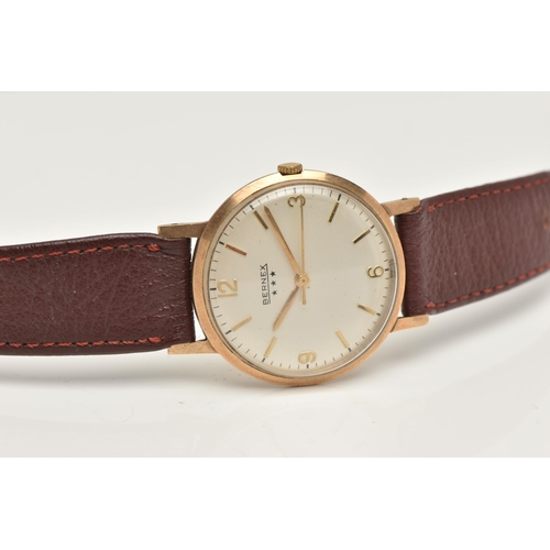 66 - A GENTS 9CT GOLD 'BERNEX' WRISTWATCH, manual wind, round silver dial signed 'Bernex', Arabic twelve,... 