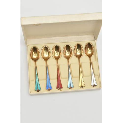 70 - A BOXED SET OF SIX 'DAVID-ANDERSEN' ENAMEL TEASPOONS, gilt spoons each with a different colour guill... 