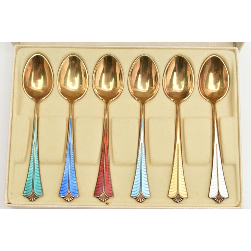 70 - A BOXED SET OF SIX 'DAVID-ANDERSEN' ENAMEL TEASPOONS, gilt spoons each with a different colour guill... 