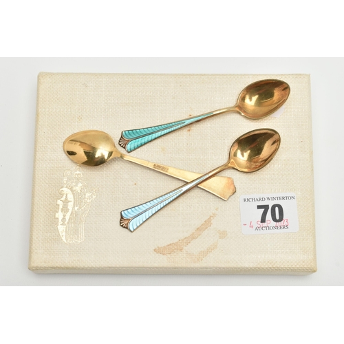 70 - A BOXED SET OF SIX 'DAVID-ANDERSEN' ENAMEL TEASPOONS, gilt spoons each with a different colour guill... 