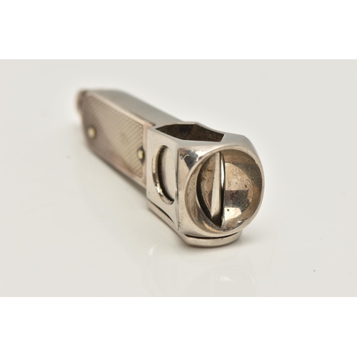 72 - A LATE 20TH CENTURY SILVER CIGAR CUTTER, engine turned pattern with manual mechanism, hallmarked 'Wi... 