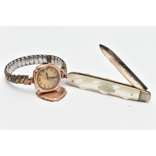 74 - A LADYS WRISTWATCH AND A SILVER FRUIT KNIFE, manual wind watch, round gold dial, Arabic numerals, bl... 