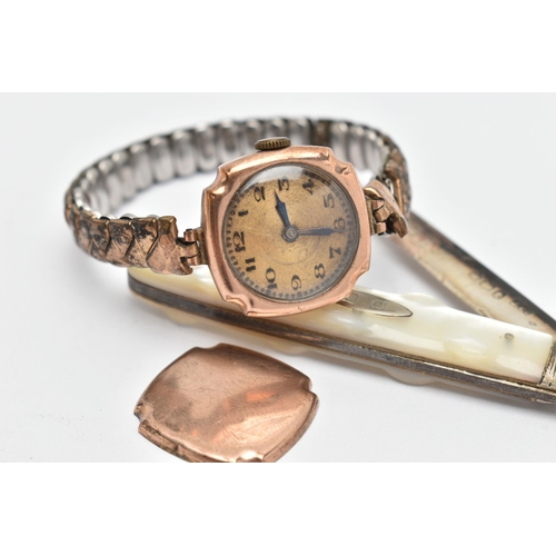 74 - A LADYS WRISTWATCH AND A SILVER FRUIT KNIFE, manual wind watch, round gold dial, Arabic numerals, bl... 