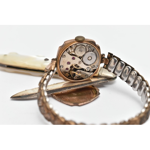 74 - A LADYS WRISTWATCH AND A SILVER FRUIT KNIFE, manual wind watch, round gold dial, Arabic numerals, bl... 