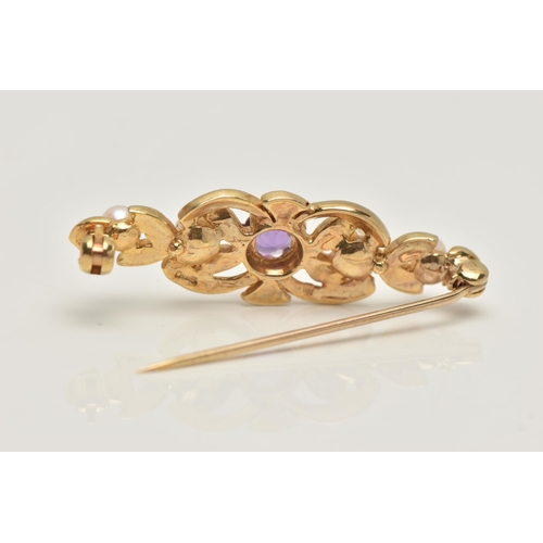 76 - A 9CT GOLD AMETHYST AND SEED PEARL BROOCH, open work brooch set with a central circular cut amethyst... 