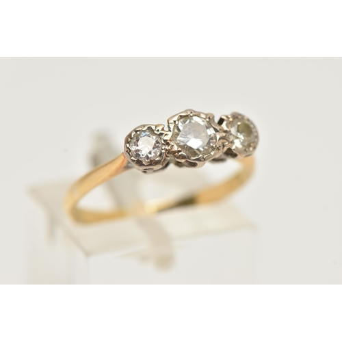 77 - A YELLOW METAL THREE STONE DIAMOND RING, round brilliant cut diamond to the centre, flanked with two... 