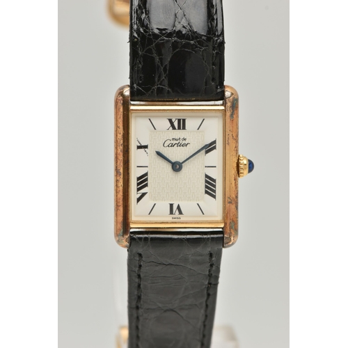 78 - A SILVER GILT 'MUST DE CARTIER' TANK VERMEIL WRIST WATCH, quartz movement, alternating Roman numeral... 