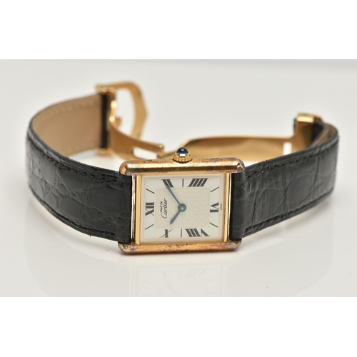 78 - A SILVER GILT 'MUST DE CARTIER' TANK VERMEIL WRIST WATCH, quartz movement, alternating Roman numeral... 