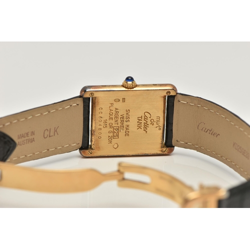 78 - A SILVER GILT 'MUST DE CARTIER' TANK VERMEIL WRIST WATCH, quartz movement, alternating Roman numeral... 