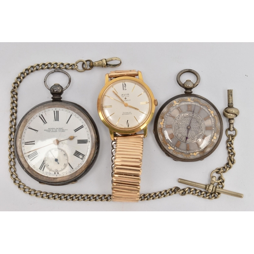 80 - TWO POCKET WATCHES AND A WRISTWATCH, the first an open face pocket watch signed 'Kendal & Dent maker... 