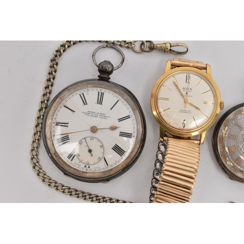 80 - TWO POCKET WATCHES AND A WRISTWATCH, the first an open face pocket watch signed 'Kendal & Dent maker... 