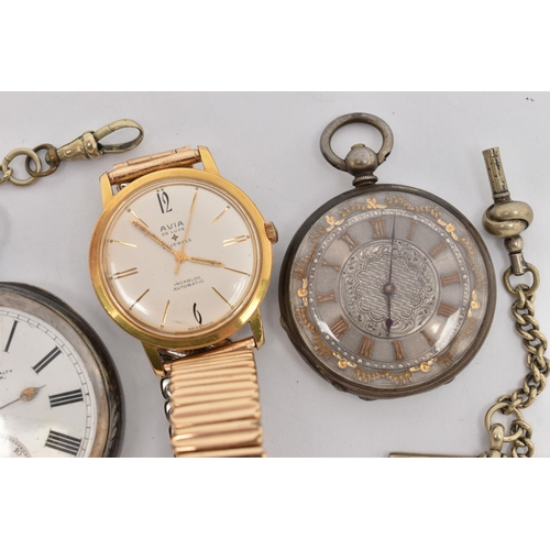 80 - TWO POCKET WATCHES AND A WRISTWATCH, the first an open face pocket watch signed 'Kendal & Dent maker... 