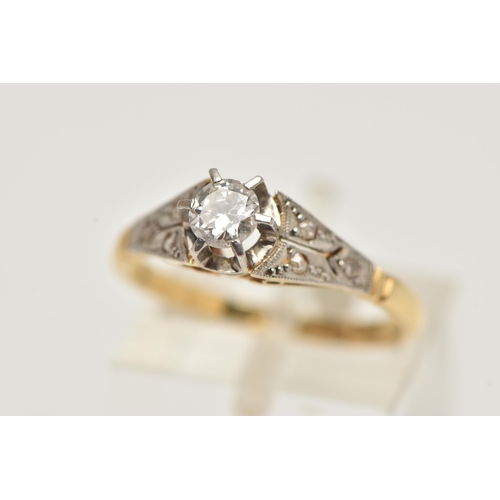 81 - A SINGLE STONE DIAMOND RING, a round brilliant cut diamond prong set in white metal, leading onto ta... 