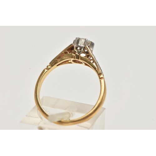 81 - A SINGLE STONE DIAMOND RING, a round brilliant cut diamond prong set in white metal, leading onto ta... 