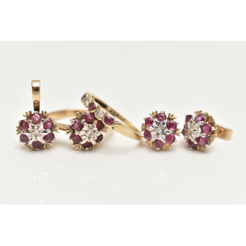 9 - TWO 9CT GOLD RUBY AND DIAMOND RINGS, EARRINGS AND A PENDANT, the first a cluster ring, set with a si... 