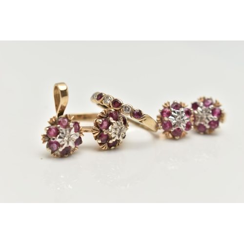 9 - TWO 9CT GOLD RUBY AND DIAMOND RINGS, EARRINGS AND A PENDANT, the first a cluster ring, set with a si... 