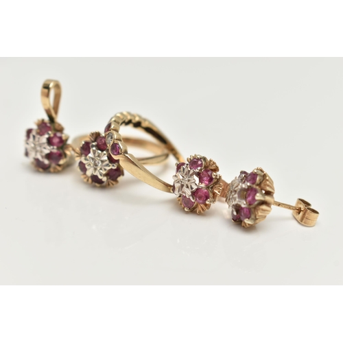 9 - TWO 9CT GOLD RUBY AND DIAMOND RINGS, EARRINGS AND A PENDANT, the first a cluster ring, set with a si... 