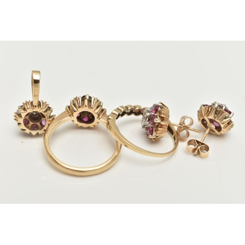 9 - TWO 9CT GOLD RUBY AND DIAMOND RINGS, EARRINGS AND A PENDANT, the first a cluster ring, set with a si... 