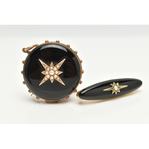 92 - TWO LATE VICTORIAN ONYX AND SPLIT PEARL MEMORIAL BROOCHES, the first of circular outline with centra... 