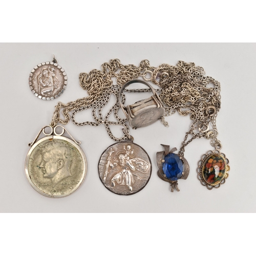 95 - A SELECTION OF SILVER AND WHITE METAL JEWELLERY, to include a coin ring, two St. Christopher pendant... 