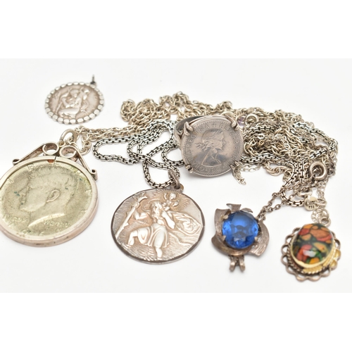 95 - A SELECTION OF SILVER AND WHITE METAL JEWELLERY, to include a coin ring, two St. Christopher pendant... 