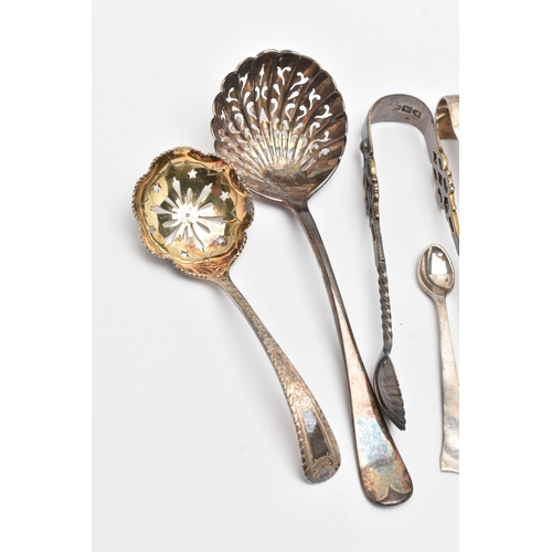 154 - A SMALL PARCEL OF LATE VICTORIAN TO GEORGE V ASSORTED SUGAR TONGS, SIFTER SPOONS, ETC, comprising fi... 