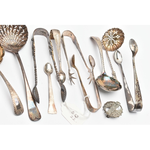 154 - A SMALL PARCEL OF LATE VICTORIAN TO GEORGE V ASSORTED SUGAR TONGS, SIFTER SPOONS, ETC, comprising fi... 