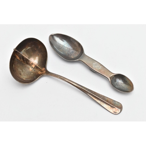 156 - A GEORGE VI SILVER MINT SAUCE LADLE WITH PERFORATED DIVIDER TO THE BOWL AND A VICTORIAN SILVER DOUBL... 