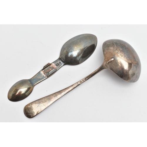 156 - A GEORGE VI SILVER MINT SAUCE LADLE WITH PERFORATED DIVIDER TO THE BOWL AND A VICTORIAN SILVER DOUBL... 