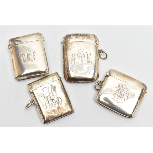 157 - FOUR EDWARDIAN / GEORGE V SILVER VESTA CASES OF RECTANGULAR FORM, all plain with engraved initials /... 