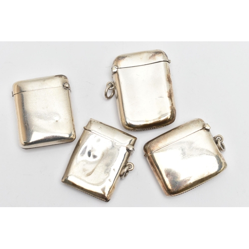 157 - FOUR EDWARDIAN / GEORGE V SILVER VESTA CASES OF RECTANGULAR FORM, all plain with engraved initials /... 