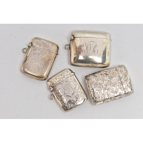 158 - FOUR LATE 19TH / EARLY 20TH CENTURY SILVER VESTA CASES OF RECTANGULAR FORM, one plain and three foli... 