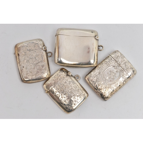 158 - FOUR LATE 19TH / EARLY 20TH CENTURY SILVER VESTA CASES OF RECTANGULAR FORM, one plain and three foli... 