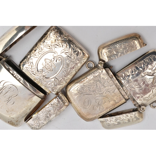 158 - FOUR LATE 19TH / EARLY 20TH CENTURY SILVER VESTA CASES OF RECTANGULAR FORM, one plain and three foli... 