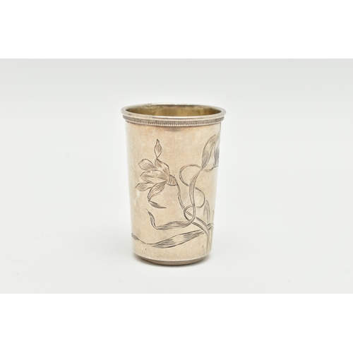 161 - A RUSSIAN SILVER VODKA CUP, engraved decoration of flowers, marked to the underside, height 4.5cm, 2... 