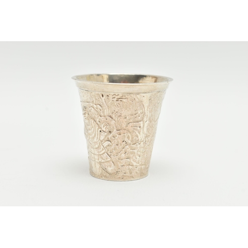 162 - A LATE 19TH CENTURY VODKA CUP, embossed and chased with a continuous band with figures in a landscap... 