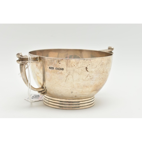 164 - A GEORGE VI SILVER TWIN HANDLED PORRIDGE BOWL, with angular handles and ribbed foot, makers James Di... 