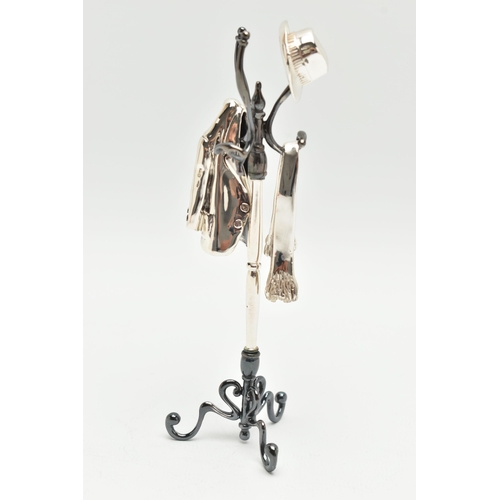 165 - A MODERN ITALIAN SILVER MINIATURE HAT AND COAT STAND, with separate hat, coat and scarf, all four pi... 