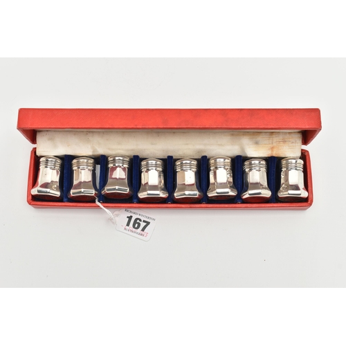 167 - A CASED SET OF EIGHT CARTIER STERLING SILVER INDIVIDUAL SALT AND PEPPER POTS OF OCTAGONAL FORM, scre... 