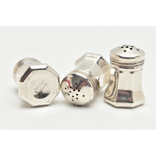 167 - A CASED SET OF EIGHT CARTIER STERLING SILVER INDIVIDUAL SALT AND PEPPER POTS OF OCTAGONAL FORM, scre... 