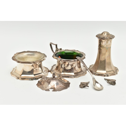 171 - A THREE PIECE SILVER CONDIMENT SET, comprising of a mustard with green glass insert and broken cover... 