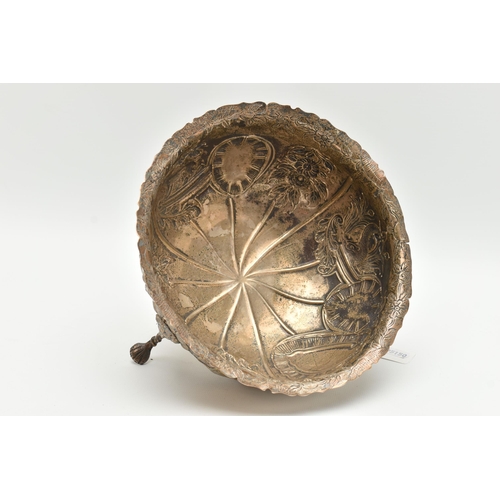 173 - A LATE VICTORIAN SILVER BOWL, with wavy rim, repoussé decorated with foliate scrolls, birds and beas... 