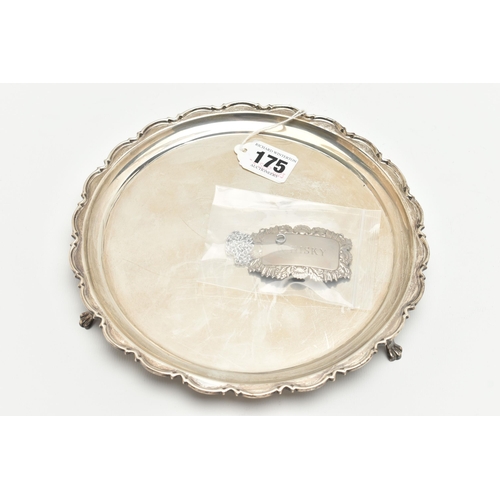 175 - AN ELIZABETH II SILVER SALVER, circular form with scalloped detail, three scrolled feet, hallmarked ... 