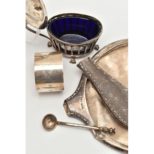 177 - A SMALL PARCEL OF SILVER, comprising an Edwardian oval mustard with wire work frame, blue glass line... 