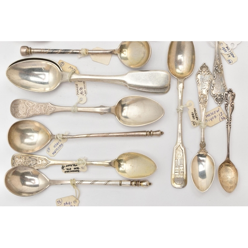 181 - A BAG OF LATE 19TH AND 20TH CENTURY RUSSIAN SILVER AND WHITE METAL SPOONS, various patterns and desi... 