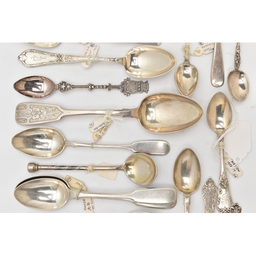 181 - A BAG OF LATE 19TH AND 20TH CENTURY RUSSIAN SILVER AND WHITE METAL SPOONS, various patterns and desi... 