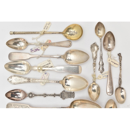 181 - A BAG OF LATE 19TH AND 20TH CENTURY RUSSIAN SILVER AND WHITE METAL SPOONS, various patterns and desi... 